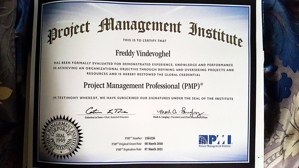 Freddy Vindevoghel's Project Management Professional (PMP) certificate
